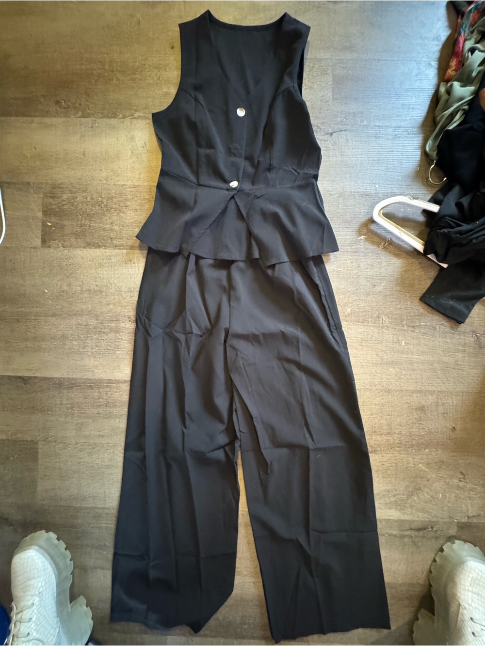 Black Peplum Vest & Wide-Leg Trousers Two-Piece Set – XS